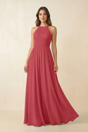 Halter Pleated A - Line Chiffon Bridesmaid Dress in Merlot - KissProm Bridesmaid Dresses