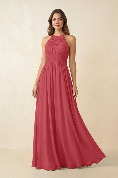 Halter Pleated A - Line Chiffon Bridesmaid Dress in Merlot - KissProm Bridesmaid Dresses