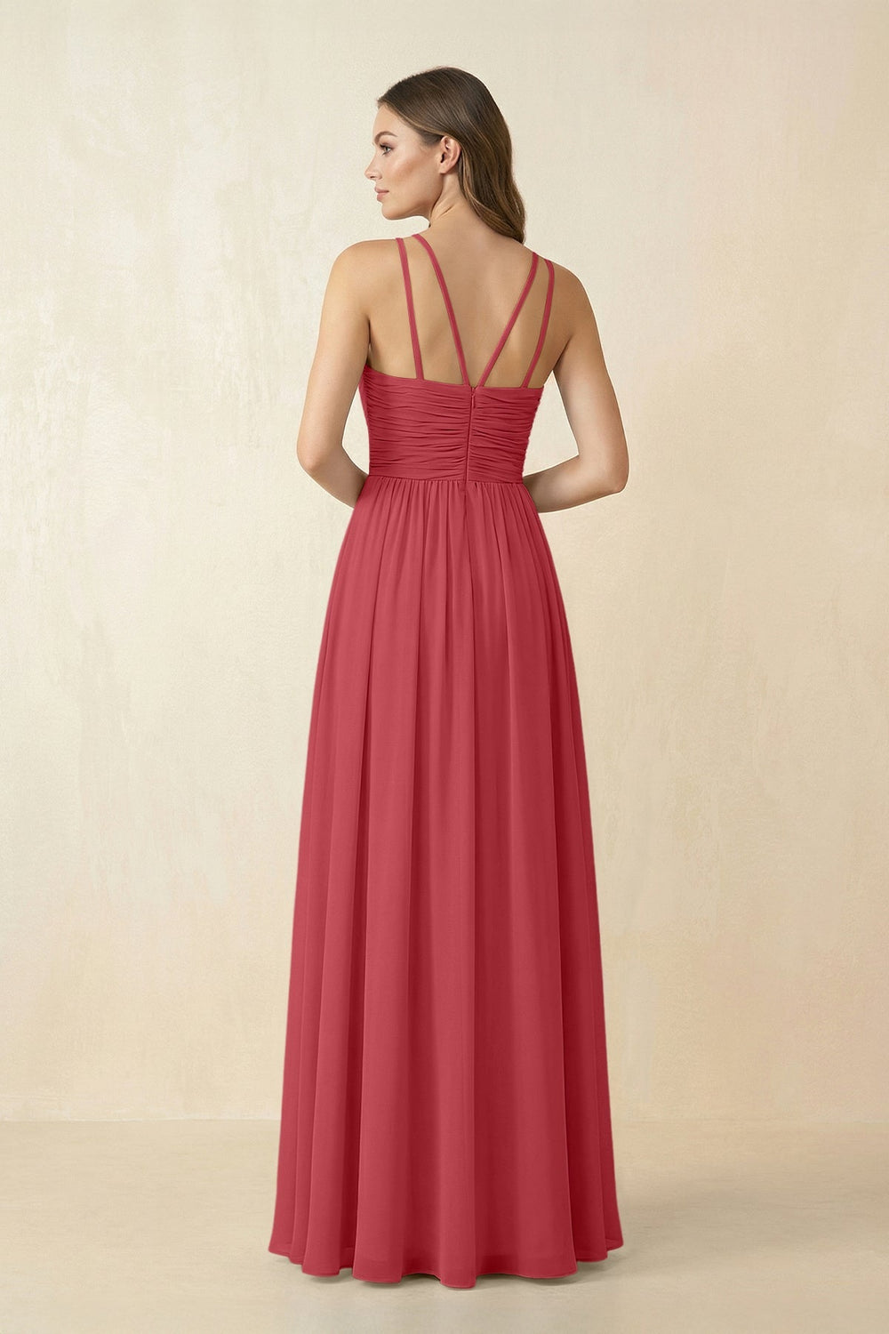 Halter Pleated A - Line Chiffon Bridesmaid Dress in Merlot - KissProm Bridesmaid Dresses