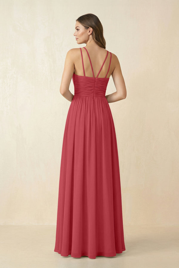 Halter Pleated A - Line Chiffon Bridesmaid Dress in Merlot - KissProm Bridesmaid Dresses