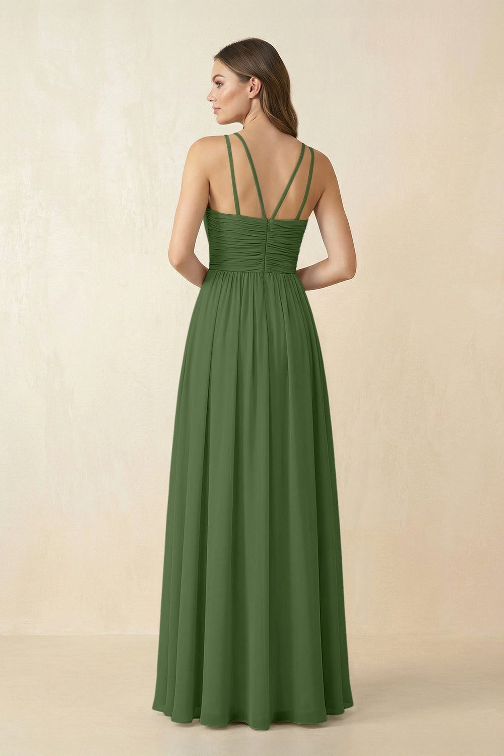 Halter Pleated A - Line Chiffon Bridesmaid Dress in Moss - KissProm Bridesmaid Dresses