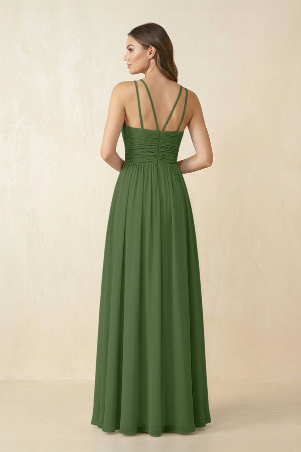 Halter Pleated A - Line Chiffon Bridesmaid Dress in Moss - KissProm Bridesmaid Dresses