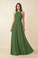 Halter Pleated A - Line Chiffon Bridesmaid Dress in Moss - KissProm Bridesmaid Dresses