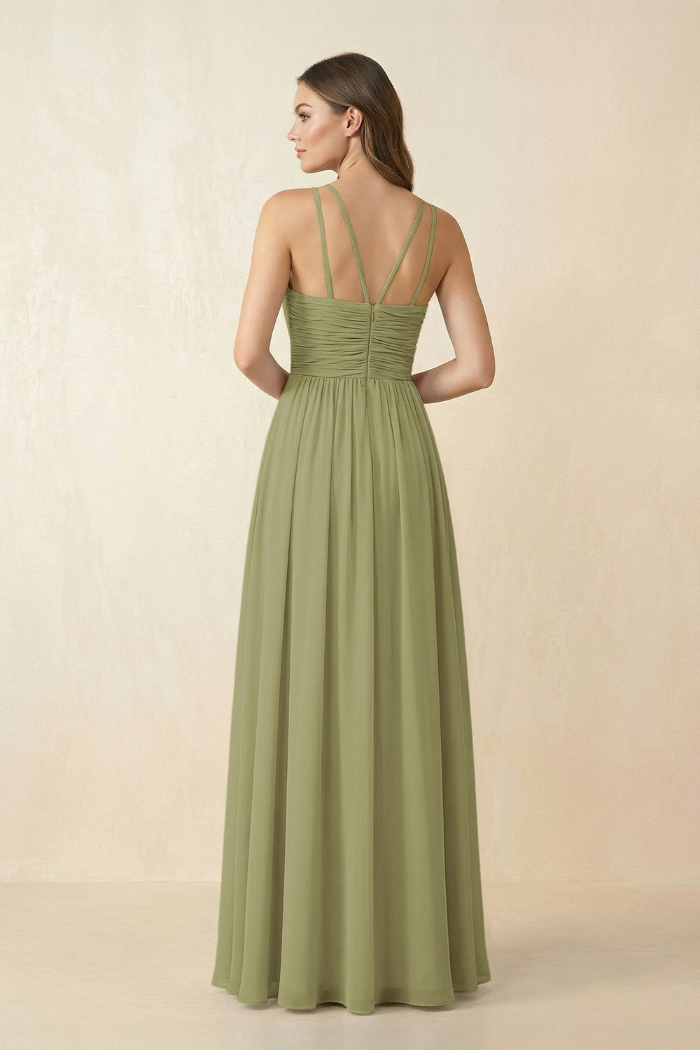 Halter Pleated A - Line Chiffon Bridesmaid Dress in Moss Green - KissProm Bridesmaid Dresses