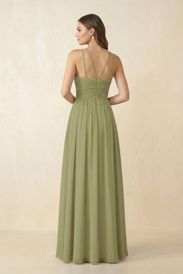 Halter Pleated A - Line Chiffon Bridesmaid Dress in Moss Green - KissProm Bridesmaid Dresses