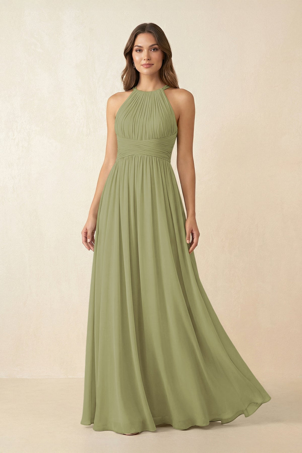 Halter Pleated A - Line Chiffon Bridesmaid Dress in Moss Green - KissProm Bridesmaid Dresses