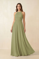 Halter Pleated A - Line Chiffon Bridesmaid Dress in Moss Green - KissProm Bridesmaid Dresses