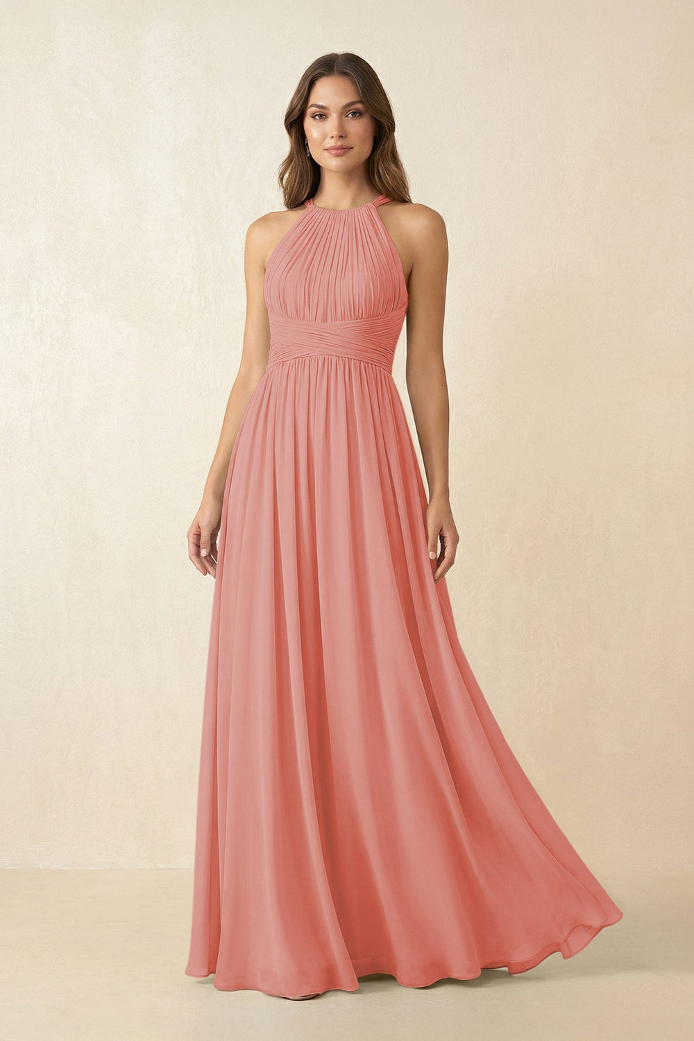 Halter Pleated A - Line Chiffon Bridesmaid Dress in Mulberry - KissProm Bridesmaid Dresses