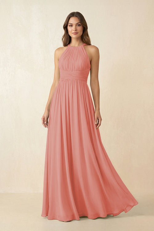 Halter Pleated A - Line Chiffon Bridesmaid Dress in Mulberry - KissProm Bridesmaid Dresses