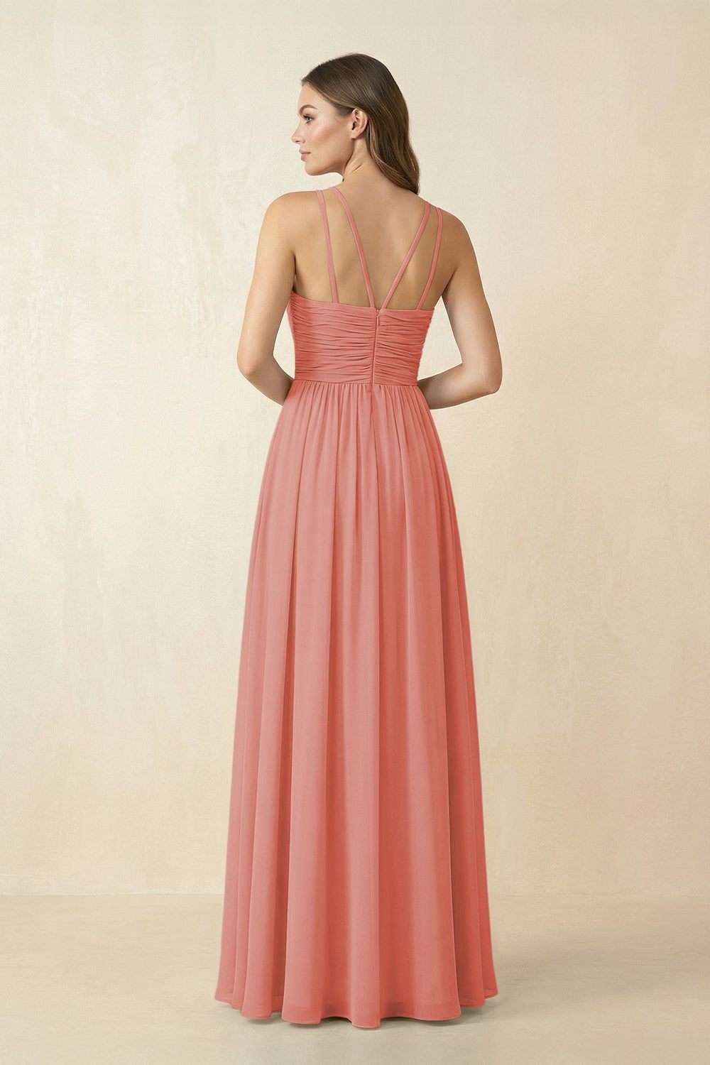 Halter Pleated A - Line Chiffon Bridesmaid Dress in Mulberry - KissProm Bridesmaid Dresses