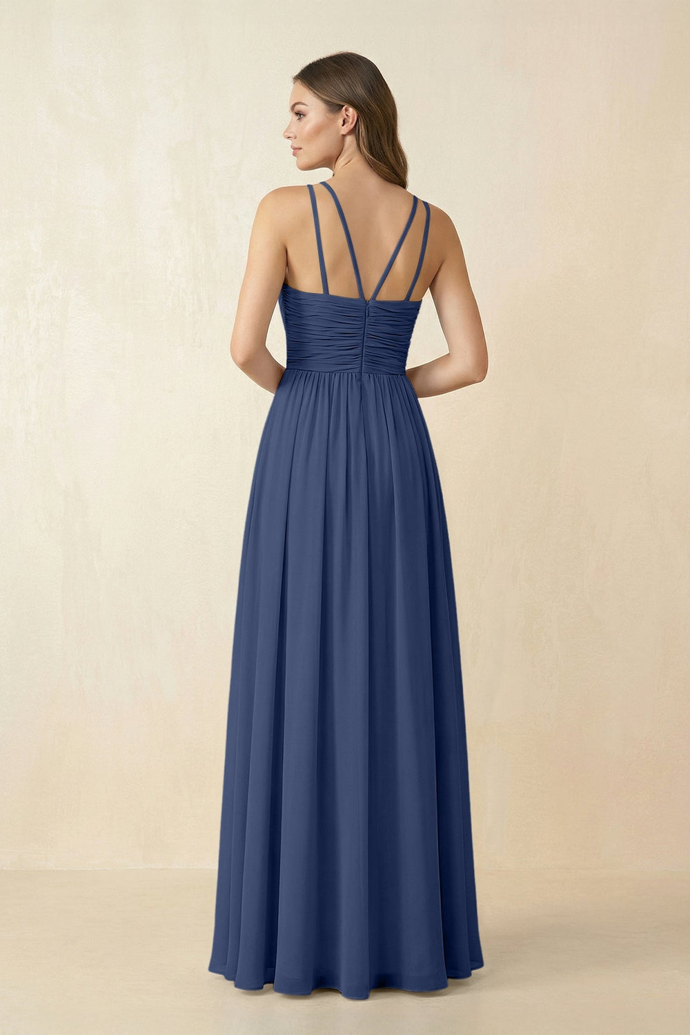 Halter Pleated A - Line Chiffon Bridesmaid Dress in Navy - KissProm Bridesmaid Dresses