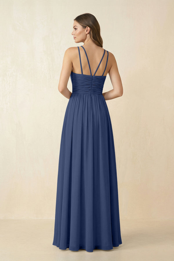 Halter Pleated A - Line Chiffon Bridesmaid Dress in Navy - KissProm Bridesmaid Dresses