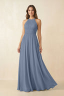 Halter Pleated A - Line Chiffon Bridesmaid Dress in Neptune - KissProm Bridesmaid Dresses