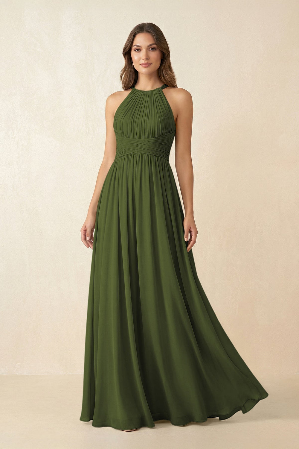 Halter Pleated A - Line Chiffon Bridesmaid Dress in Olive - KissProm Bridesmaid Dresses