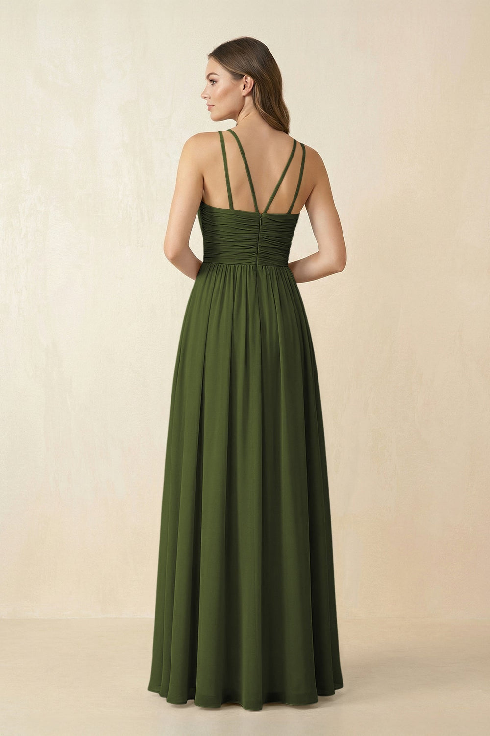Halter Pleated A - Line Chiffon Bridesmaid Dress in Olive - KissProm Bridesmaid Dresses