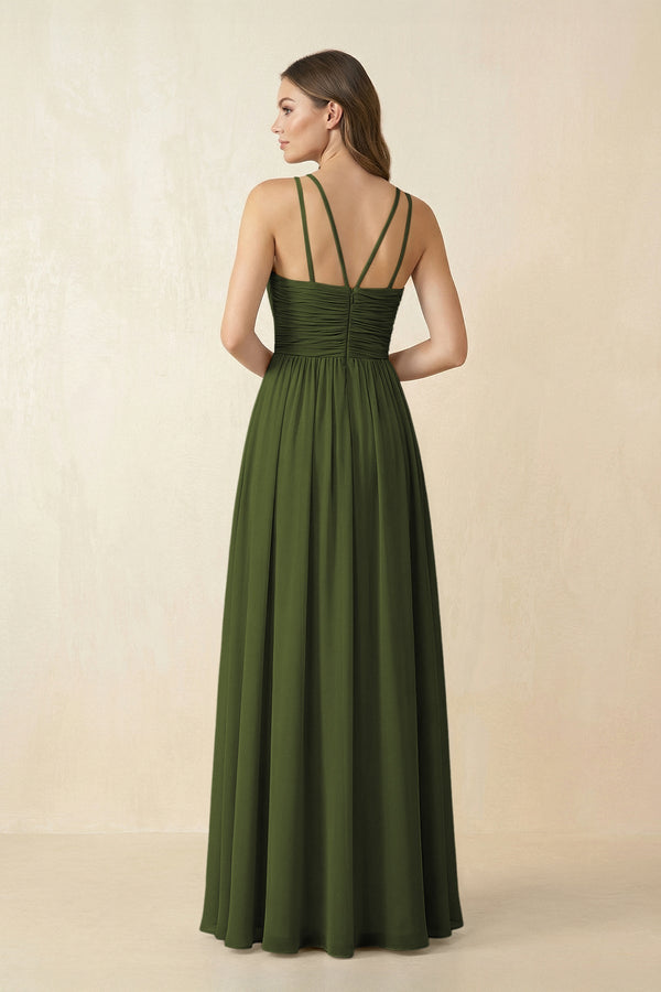 Halter Pleated A - Line Chiffon Bridesmaid Dress in Olive - KissProm Bridesmaid Dresses