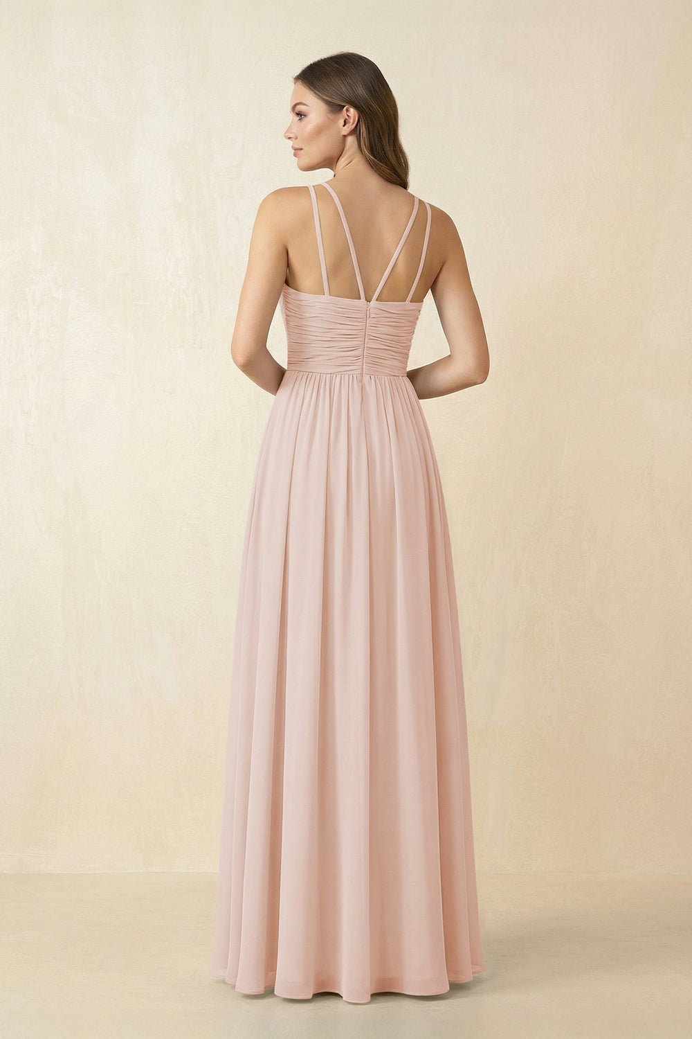Halter Pleated A - Line Chiffon Bridesmaid Dress in Pale Blush - KissProm Bridesmaid Dresses