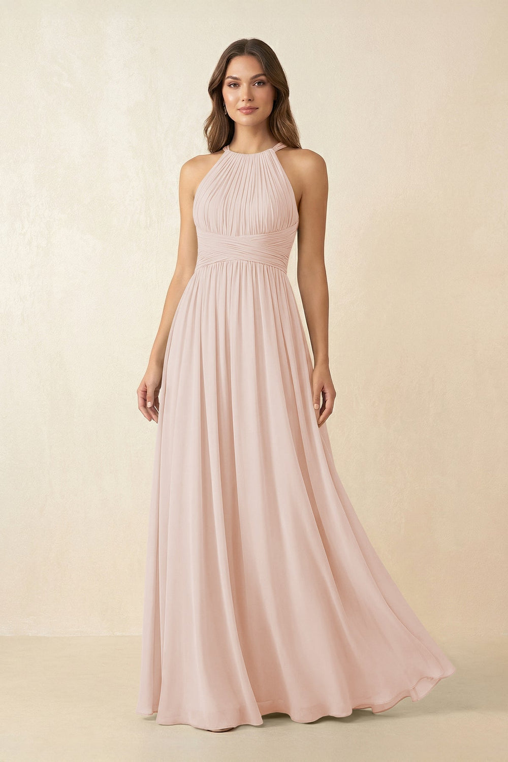 Halter Pleated A - Line Chiffon Bridesmaid Dress in Pale Blush - KissProm Bridesmaid Dresses
