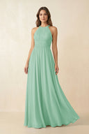 Halter Pleated A - Line Chiffon Bridesmaid Dress in Pale Pistachio - KissProm Bridesmaid Dresses
