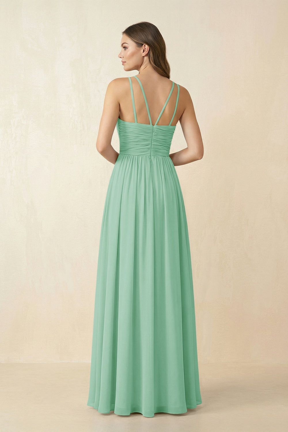 Halter Pleated A - Line Chiffon Bridesmaid Dress in Pale Pistachio - KissProm Bridesmaid Dresses