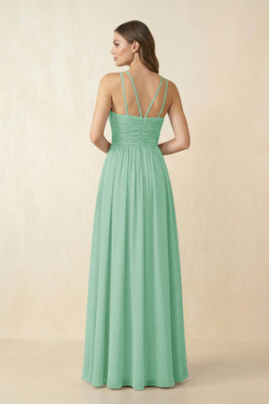 Halter Pleated A - Line Chiffon Bridesmaid Dress in Pale Pistachio - KissProm Bridesmaid Dresses