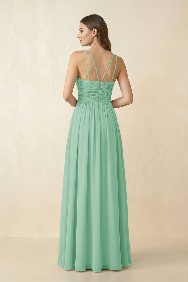 Halter Pleated A - Line Chiffon Bridesmaid Dress in Pale Pistachio - KissProm Bridesmaid Dresses