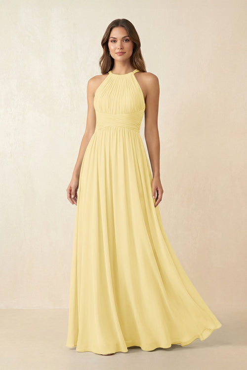 Halter Pleated A - Line Chiffon Bridesmaid Dress in Pastel Yellow - KissProm Bridesmaid Dresses