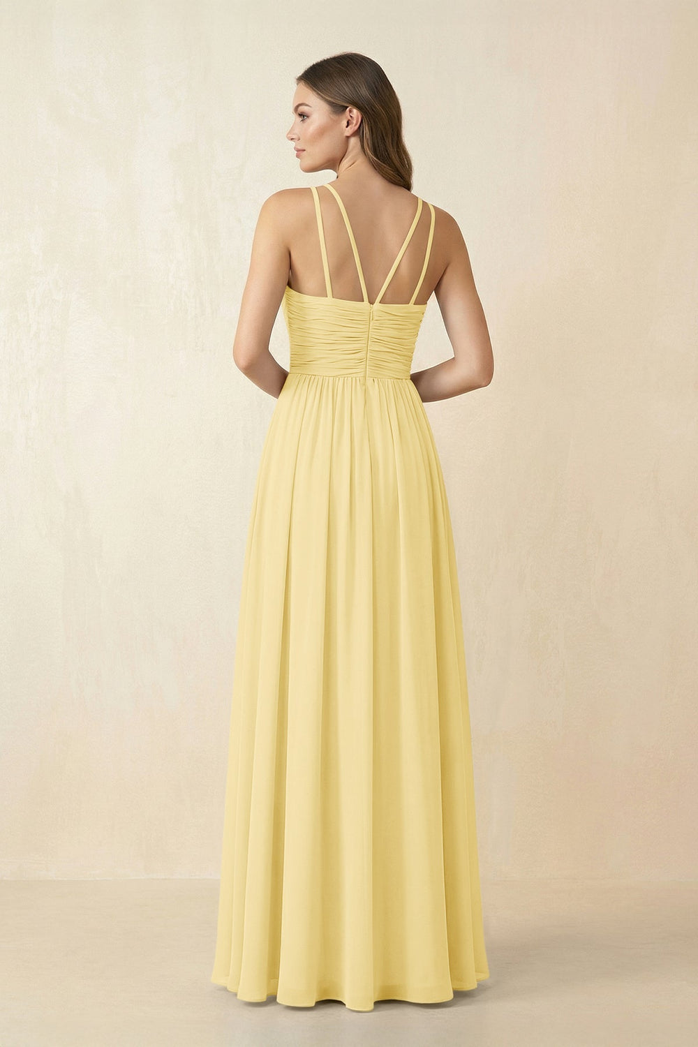 Halter Pleated A - Line Chiffon Bridesmaid Dress in Pastel Yellow - KissProm Bridesmaid Dresses