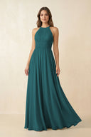 Halter Pleated A - Line Chiffon Bridesmaid Dress in Pine - KissProm Bridesmaid Dresses
