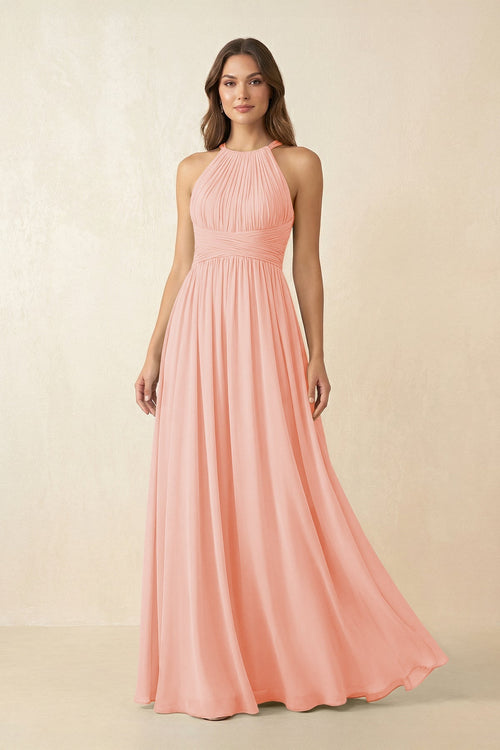 Halter Pleated A - Line Chiffon Bridesmaid Dress in Rose Petal - KissProm Bridesmaid Dresses