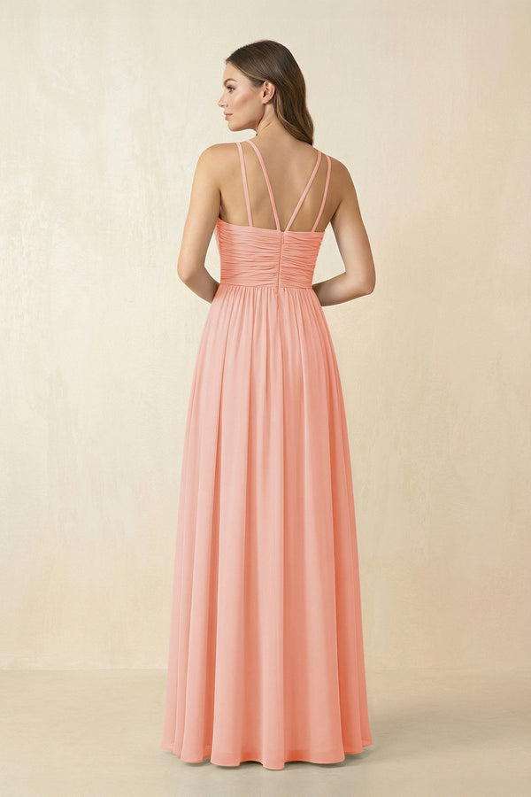 Halter Pleated A - Line Chiffon Bridesmaid Dress in Rose Petal - KissProm Bridesmaid Dresses