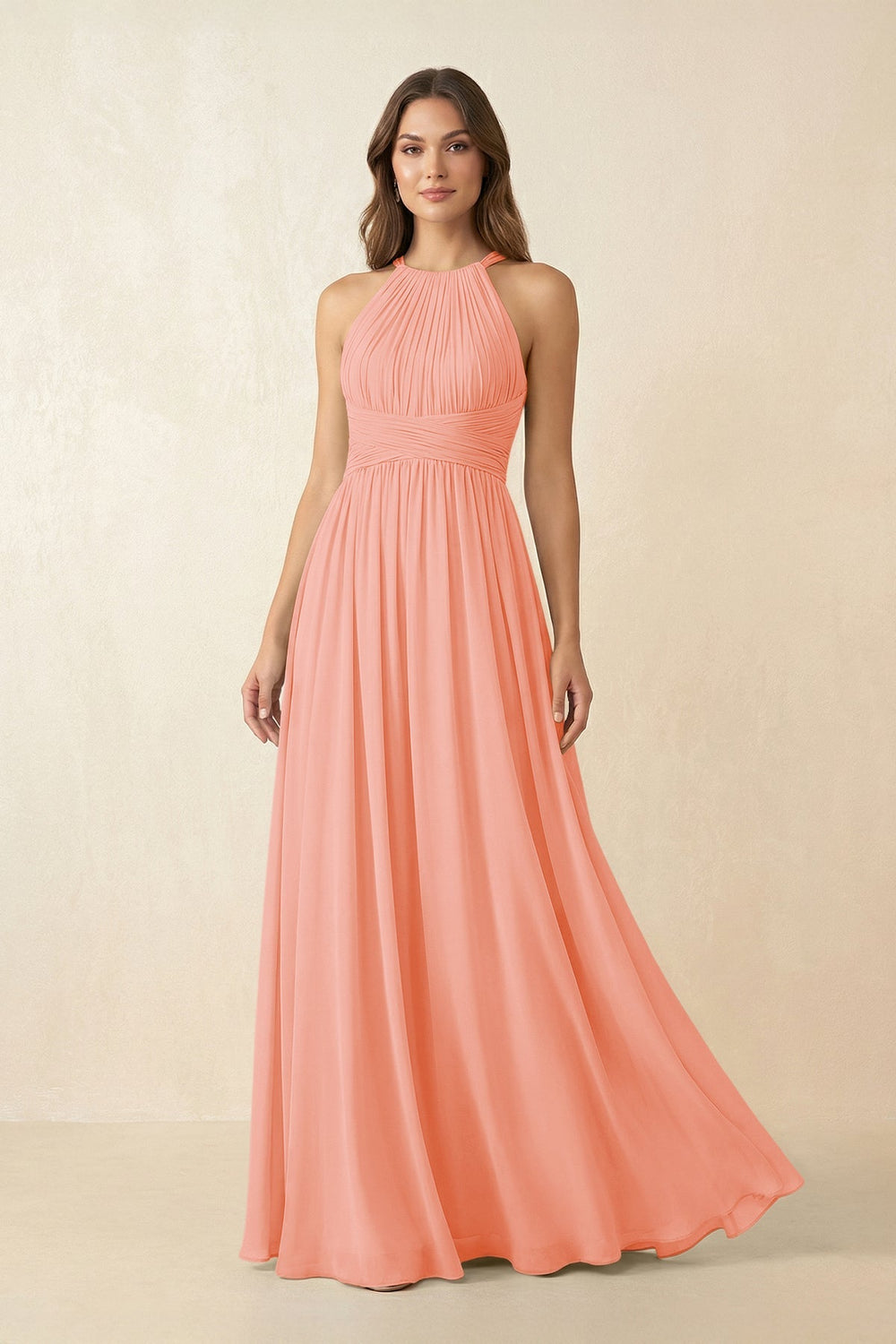 Halter Pleated A - Line Chiffon Bridesmaid Dress in Rosette - KissProm Bridesmaid Dresses