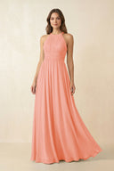 Halter Pleated A - Line Chiffon Bridesmaid Dress in Rosette - KissProm Bridesmaid Dresses