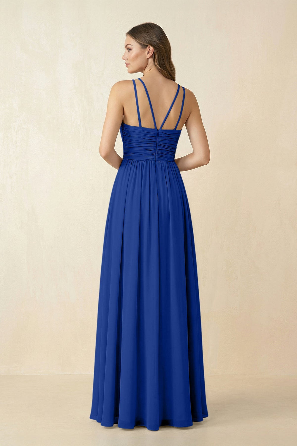 Halter Pleated A - Line Chiffon Bridesmaid Dress in Royal Blue - KissProm Bridesmaid Dresses