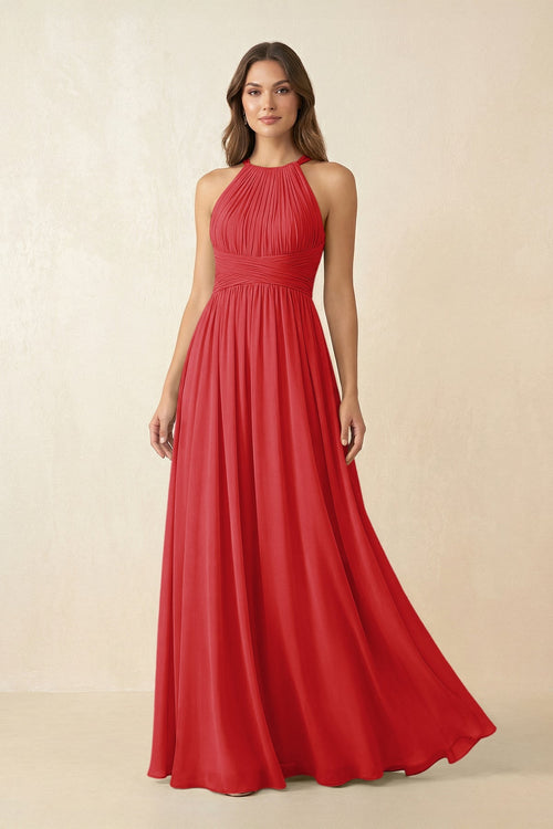 Halter Pleated A - Line Chiffon Bridesmaid Dress in Ruby Red - KissProm Bridesmaid Dresses