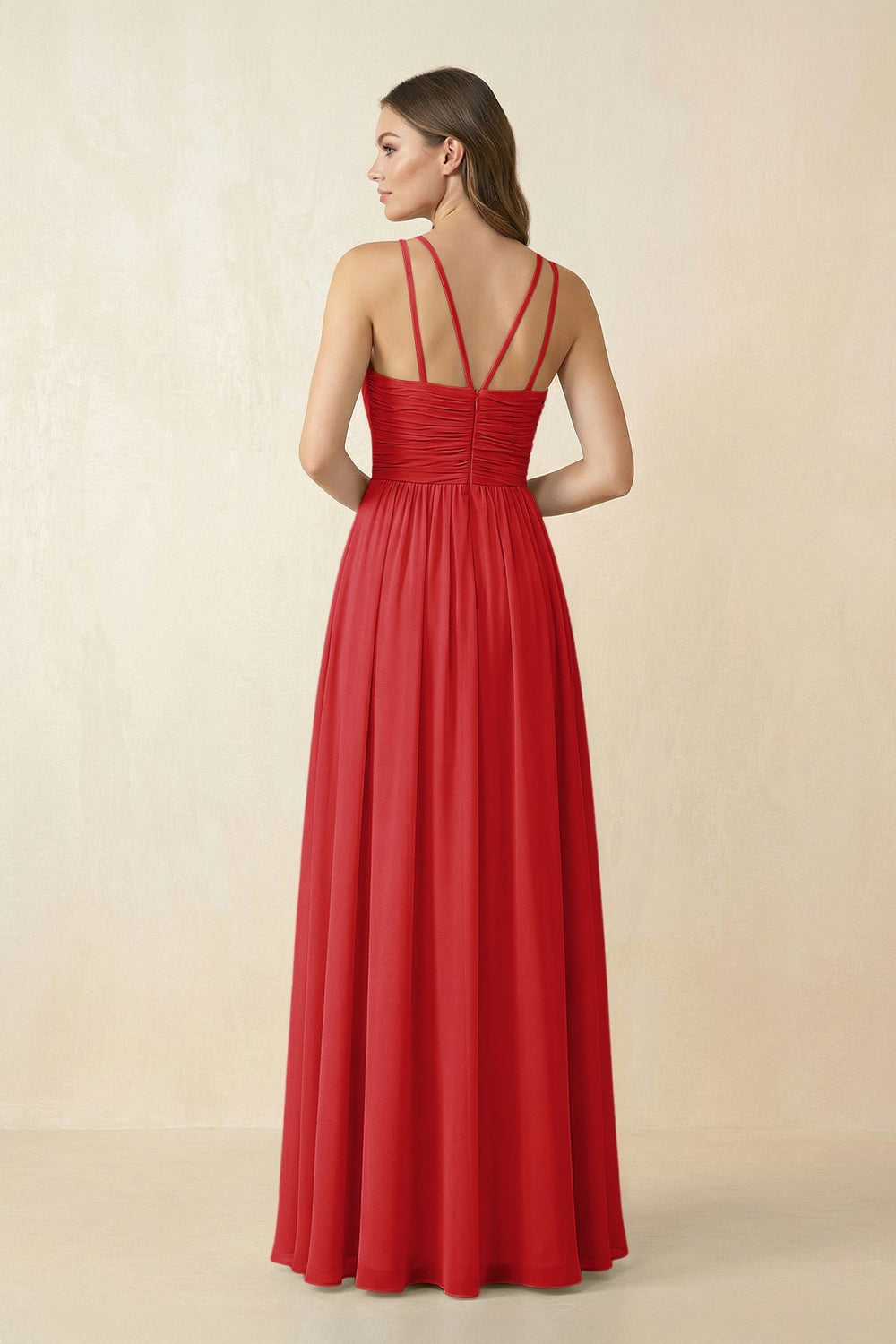 Halter Pleated A - Line Chiffon Bridesmaid Dress in Ruby Red - KissProm Bridesmaid Dresses