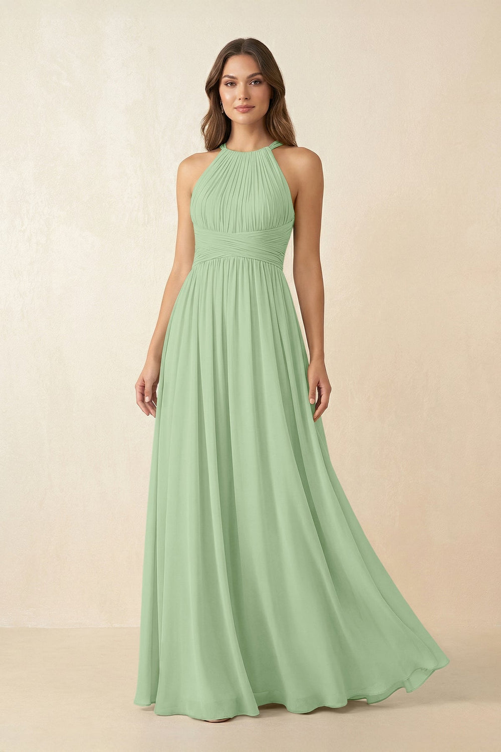 Halter Pleated A - Line Chiffon Bridesmaid Dress in Sage - KissProm Bridesmaid Dresses