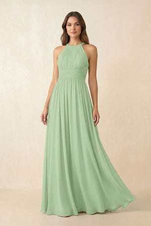 Halter Pleated A - Line Chiffon Bridesmaid Dress in Sage - KissProm Bridesmaid Dresses