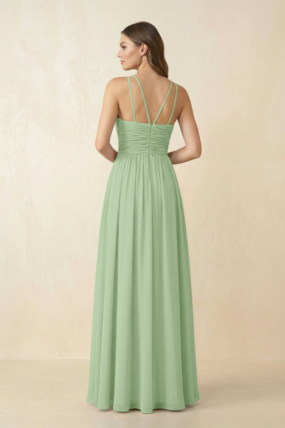Halter Pleated A - Line Chiffon Bridesmaid Dress in Sage - KissProm Bridesmaid Dresses