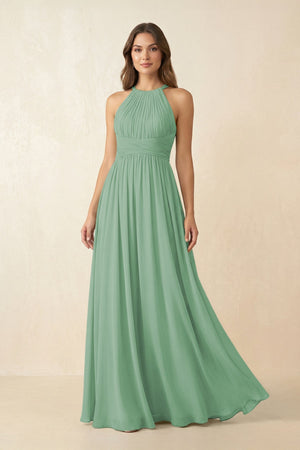 Halter Pleated A - Line Chiffon Bridesmaid Dress in Sea Glass - KissProm Bridesmaid Dresses