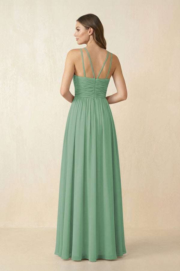 Halter Pleated A - Line Chiffon Bridesmaid Dress in Sea Glass - KissProm Bridesmaid Dresses