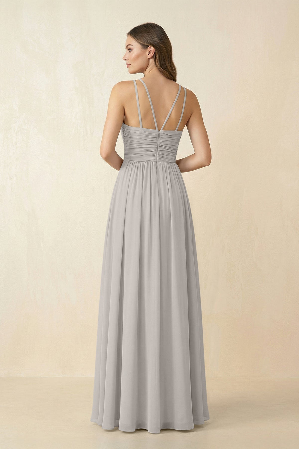 Halter Pleated A - Line Chiffon Bridesmaid Dress in Silver - KissProm Bridesmaid Dresses