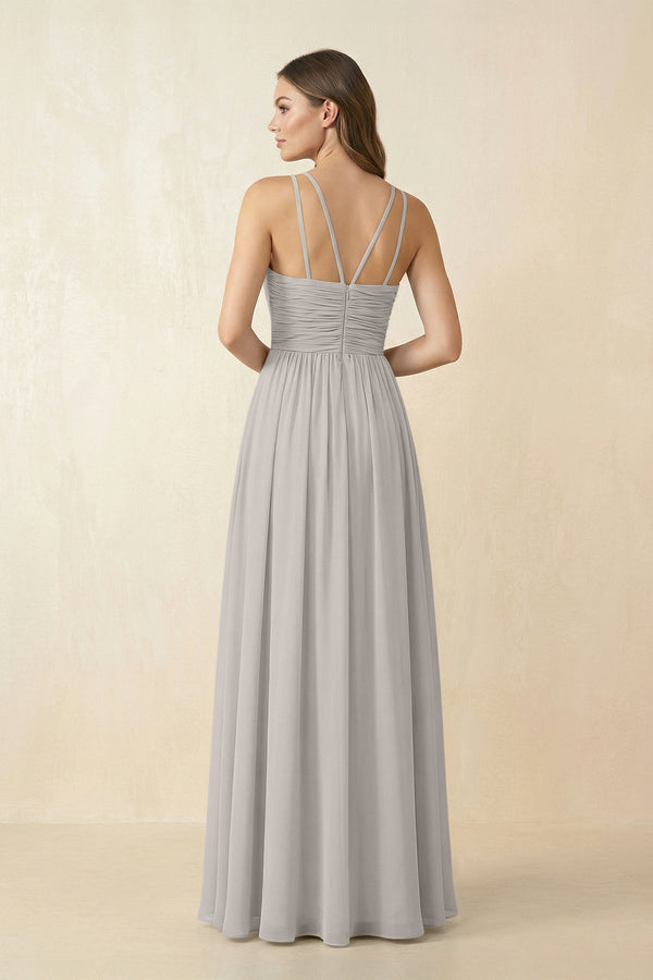 Halter Pleated A - Line Chiffon Bridesmaid Dress in Silver - KissProm Bridesmaid Dresses
