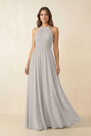 Halter Pleated A - Line Chiffon Bridesmaid Dress in Silver - KissProm Bridesmaid Dresses