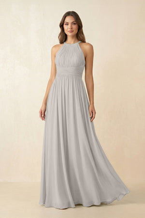 Halter Pleated A - Line Chiffon Bridesmaid Dress in Silver - KissProm Bridesmaid Dresses