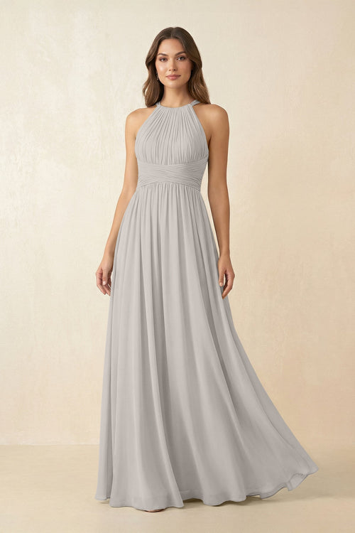 Halter Pleated A - Line Chiffon Bridesmaid Dress in Silver - KissProm Bridesmaid Dresses