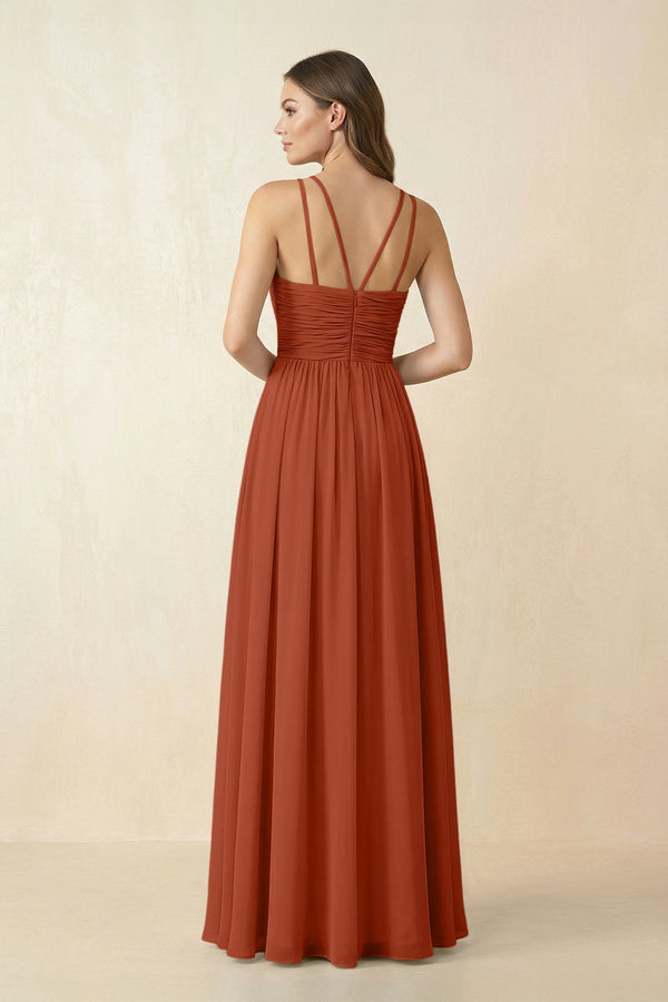 Halter Pleated A - Line Chiffon Bridesmaid Dress in Spice - KissProm Bridesmaid Dresses