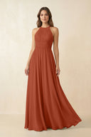 Halter Pleated A - Line Chiffon Bridesmaid Dress in Spice - KissProm Bridesmaid Dresses