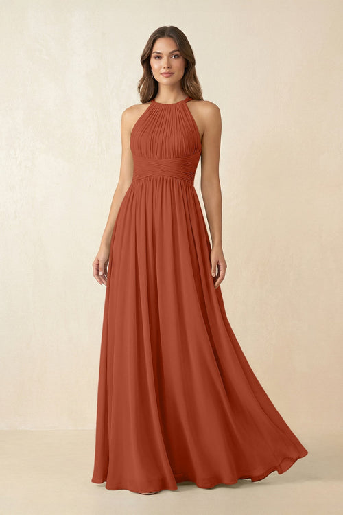 Halter Pleated A - Line Chiffon Bridesmaid Dress in Spice - KissProm Bridesmaid Dresses