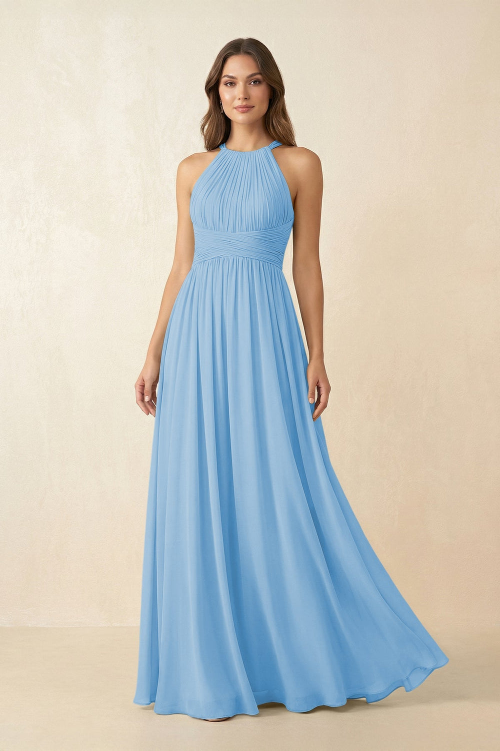 Halter Pleated A - Line Chiffon Bridesmaid Dress in Steel Blue - KissProm Bridesmaid Dresses